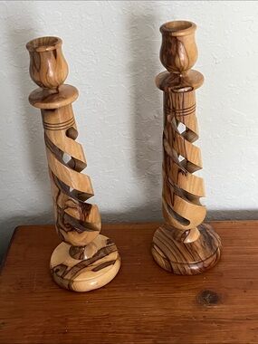 Vintage age Handcrafted Olive Wood Spiral Candle Holders - Natural Brown 10 in